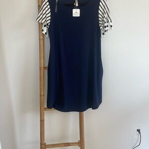 Navy Blue Women's dress with Striped and polka dot Sleeves